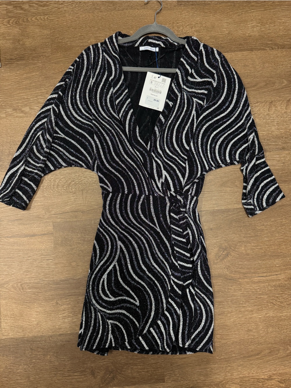 Zara Black & Silver Wave-Print Wrap Dress